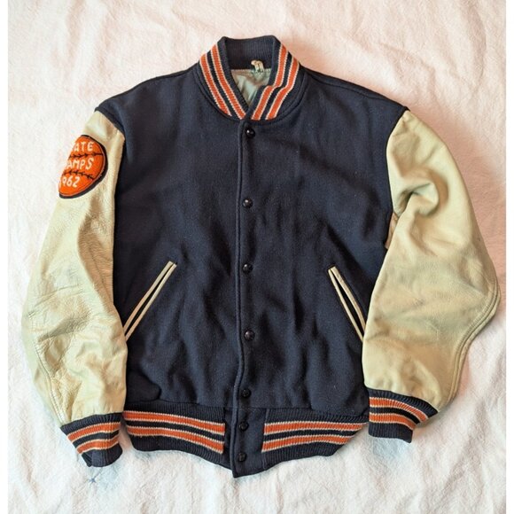 Hatchers VTG 60s Men's Black Wool Leather Sleeve State Champs Bomber Jacket LG - Picture 2 of 15